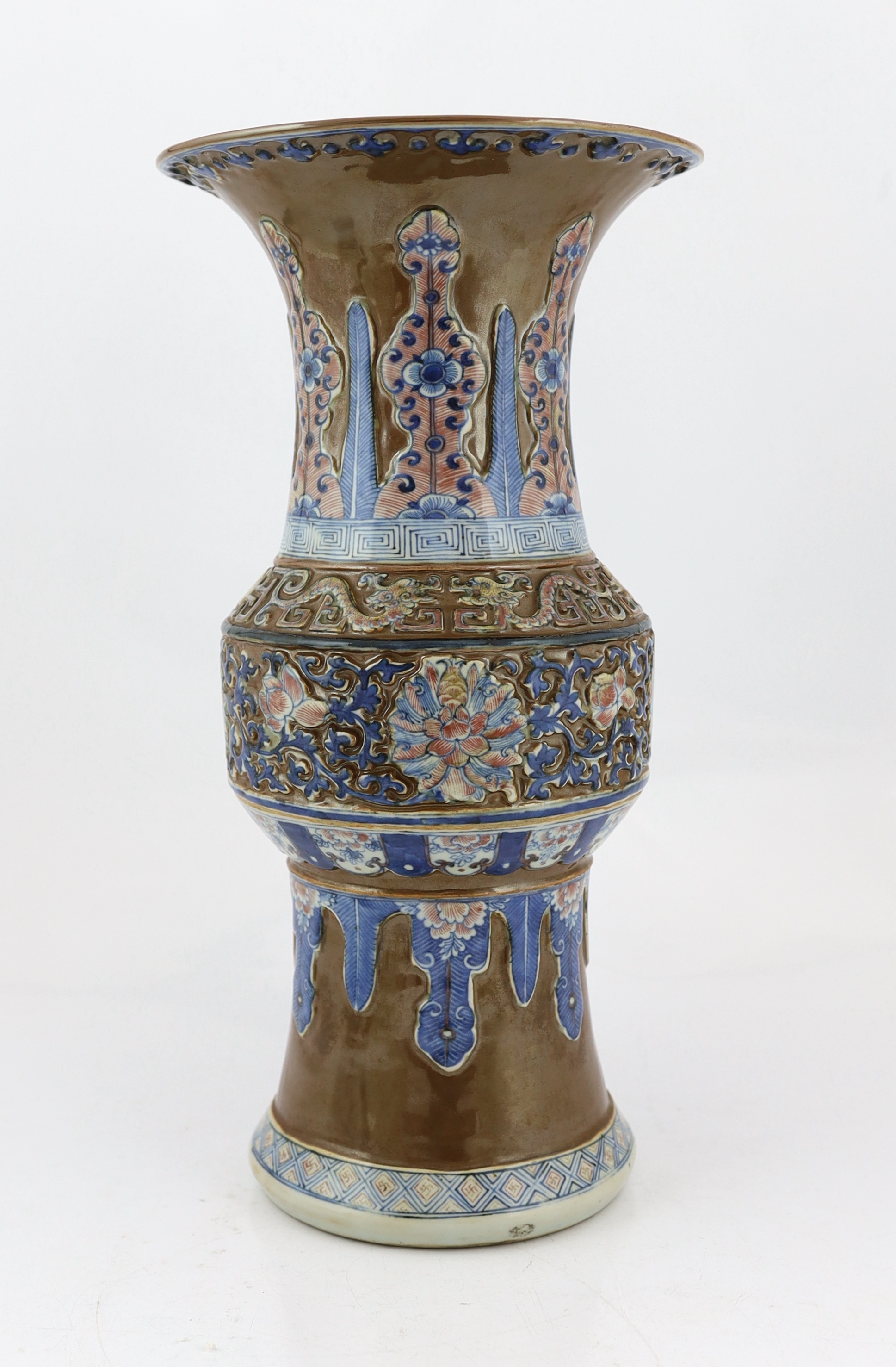 A large Chinese archaistic underglaze blue and copper red vase, zun, late 19th century